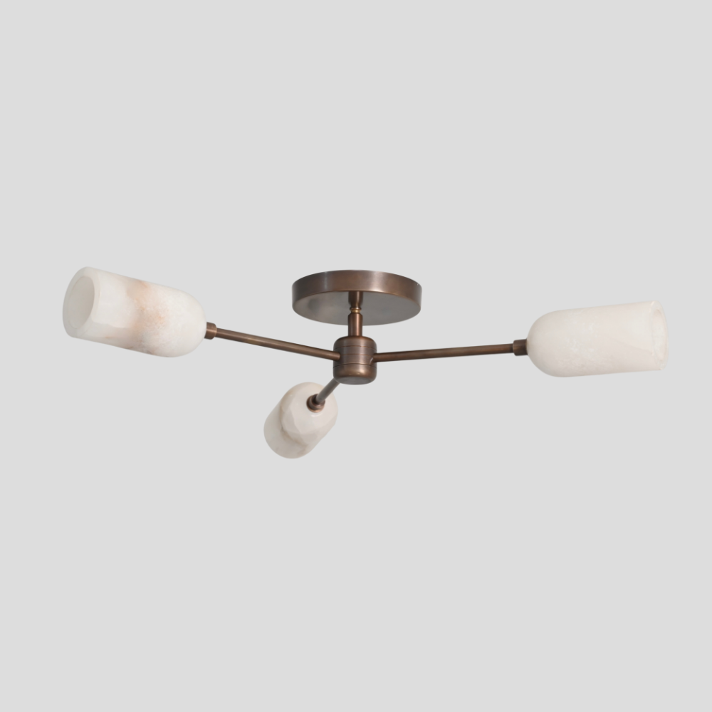 Triple Alabaster Brass Ceiling Light - Mid Century Branch Flush Mount with Alabaster Cylinder Shade and Branch Design Flush Mount in Antique Brass Finish