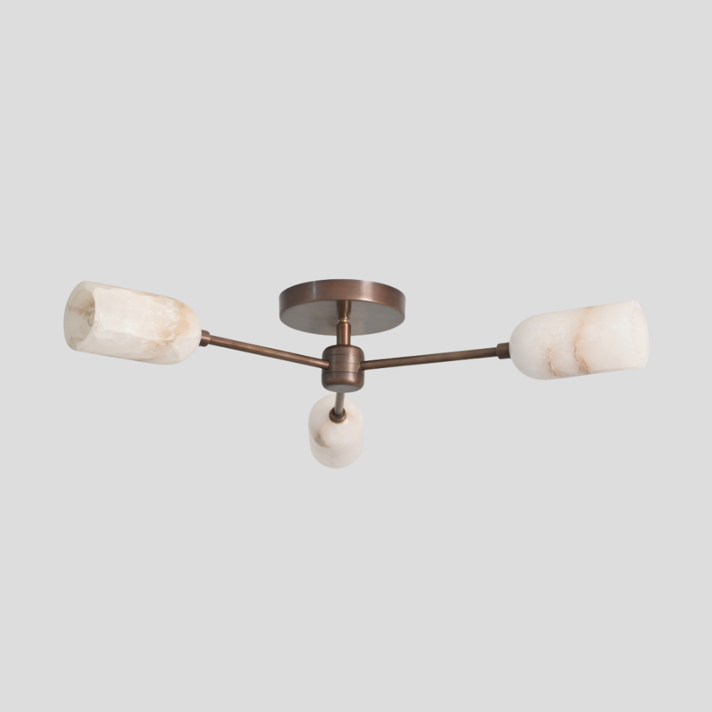 Triple Alabaster Brass Ceiling Light - Mid Century Branch Flush Mount with Alabaster Cylinder Shade and Branch Design Flush Mount in Antique Brass Finish