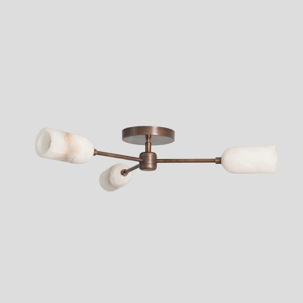 Triple Alabaster Brass Ceiling Light - Mid Century Branch Flush Mount with Alabaster Cylinder Shade and Branch Design Flush Mount in Antique Brass Finish