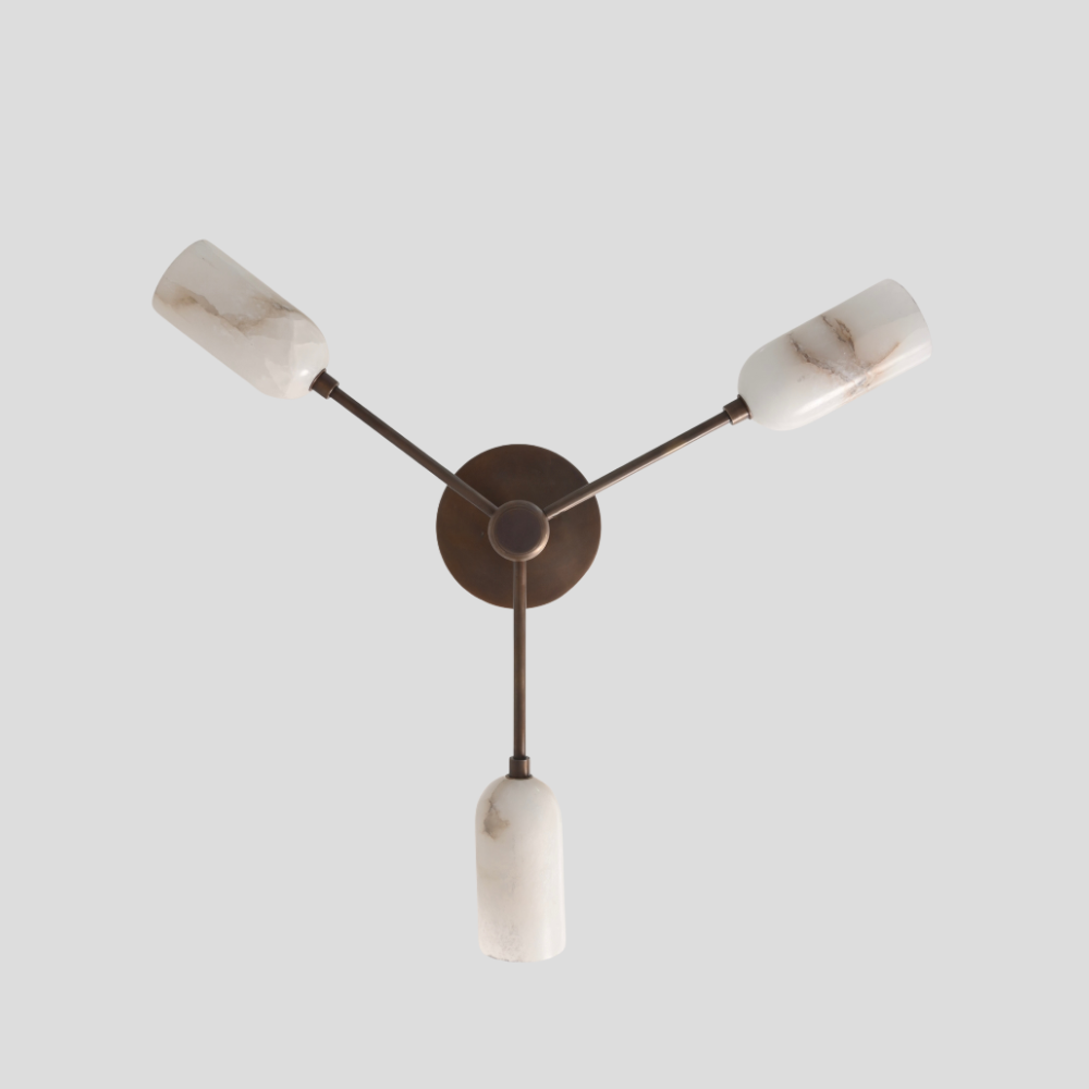 Triple Alabaster Brass Ceiling Light - Mid Century Branch Flush Mount with Alabaster Cylinder Shade and Branch Design Flush Mount in Antique Brass Finish
