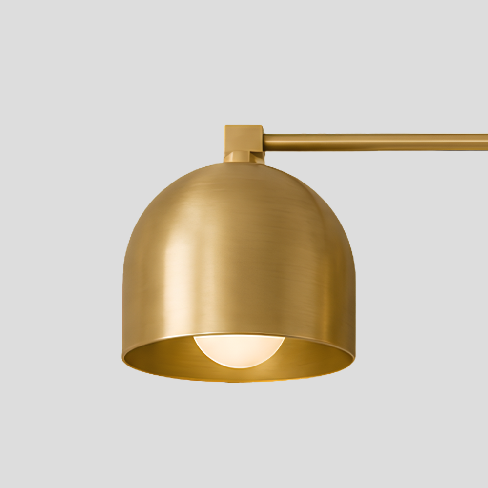 Close-up detail view of Triple Brass Dome Sconce - Mid Century Linear Arm Vanity Light showing dome shade, open bottom design and connecting arm.