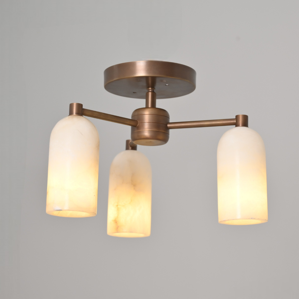 Brass alabaster 3 light flush mount ceiling fixture