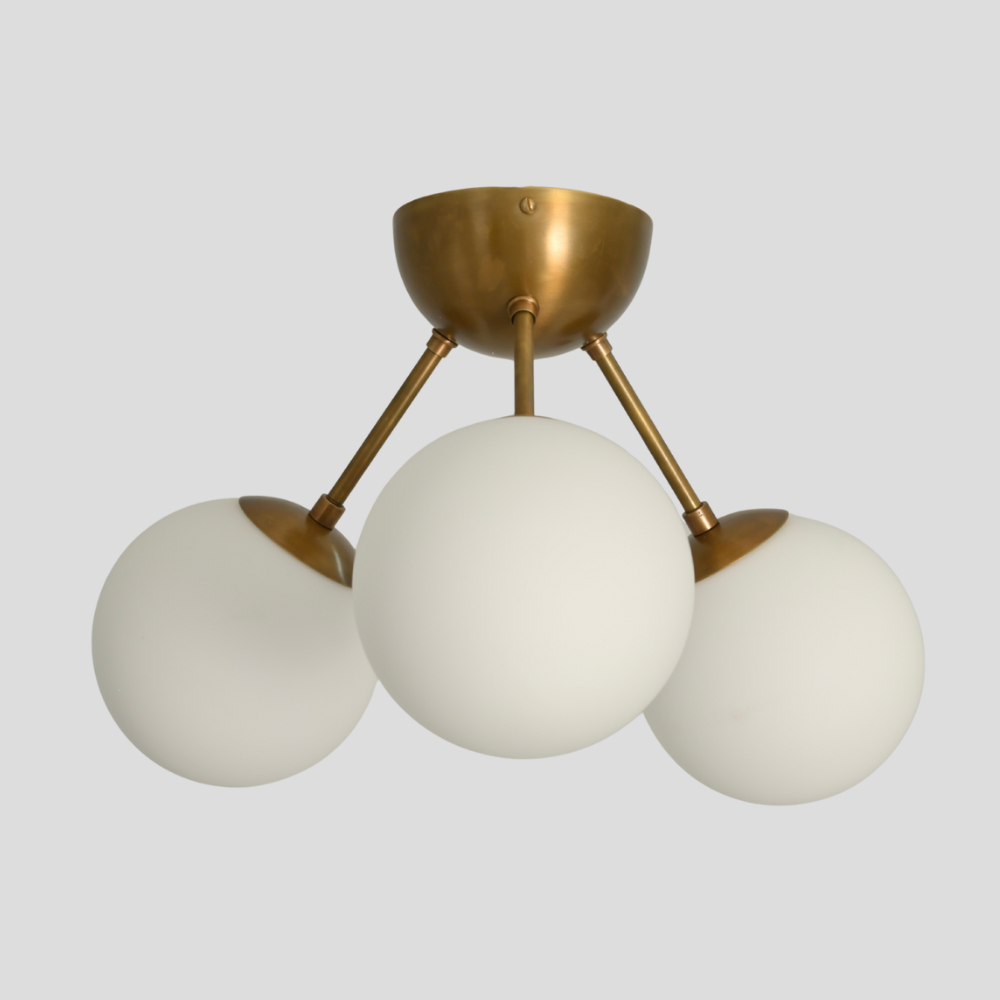 3 Light Mid Century Brass Flush Mount - Glass Globe Ceiling Light