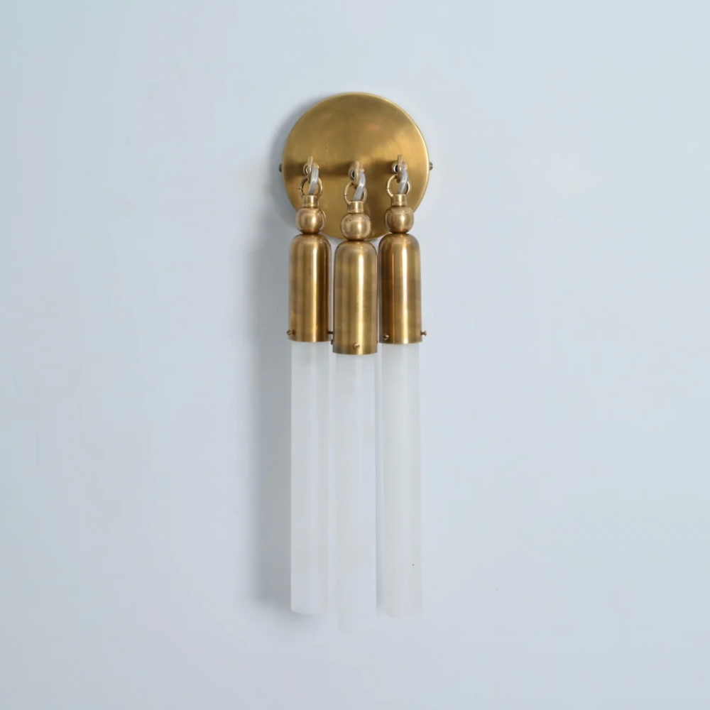 3 Light Brass Glass Tube Wall Sconce - Handmade Mid Century Wall Light