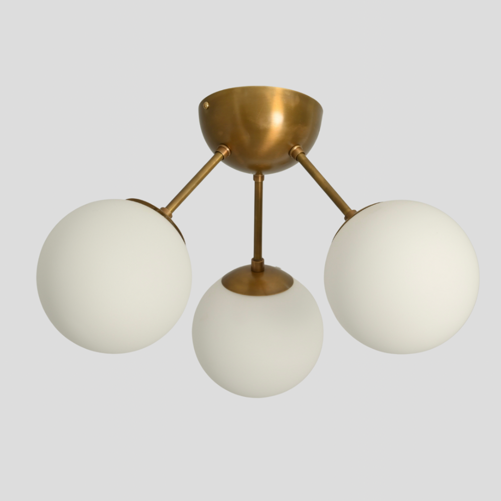 3 Light Mid Century Brass Flush Mount - Glass Globe Ceiling Light