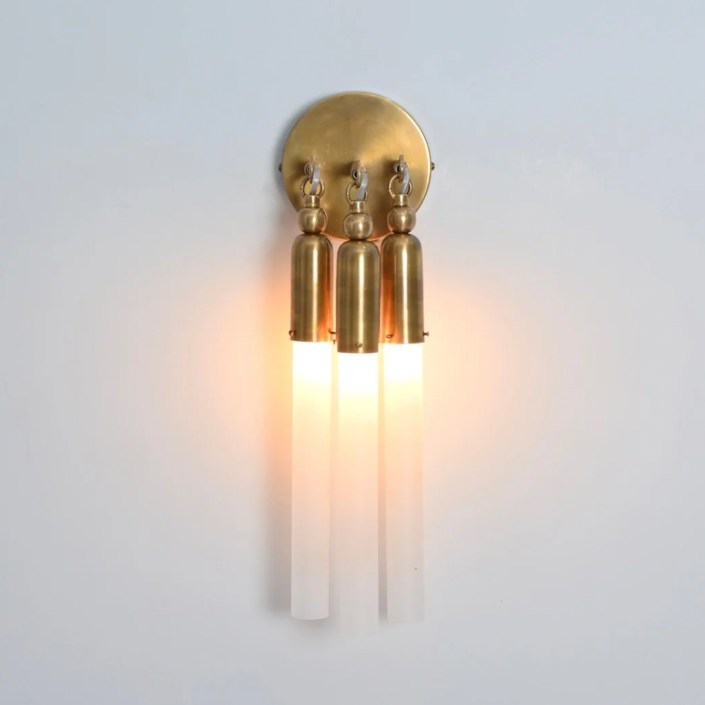 3 Light Brass Glass Tube Wall Sconce - Handmade Mid Century Wall Light