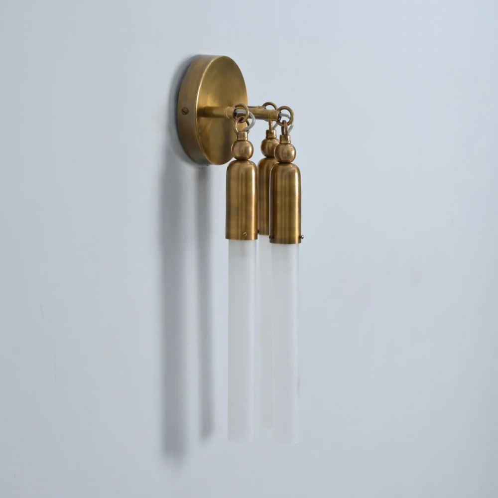 3 Light Brass Glass Tube Wall Sconce - Handmade Mid Century Wall Light