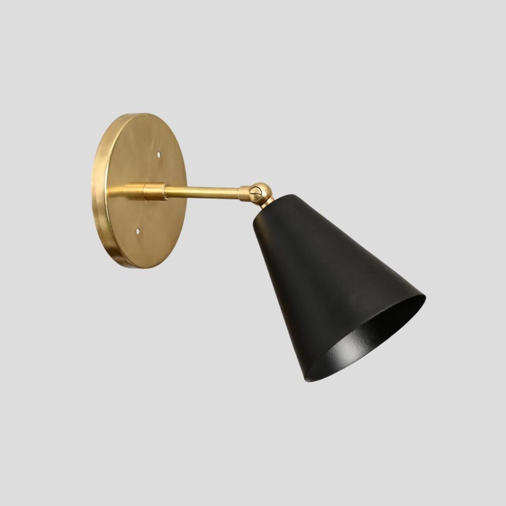Brass Wall Light Sconce Matt Black Shade Non Recessed Back Plate Articulated Mid Century Modern Wall Lamp